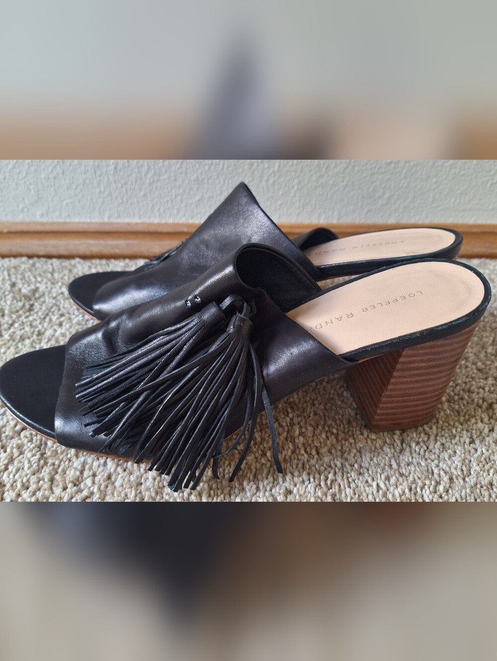 Loeffler Randall Black Leather Tassel Mules with Tan Stacked Heel